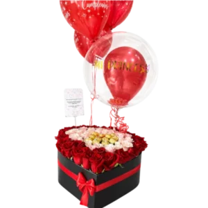 Caja de Rosas Rojas con Globos y Chocolates