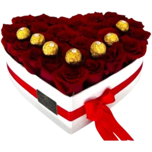 Caja Corazón de Rosas Rojas y Chocolates Dorados