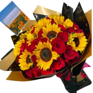 Bouquet de Rosas Rojas y Girasoles con Chocolates