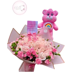Bouquet de Rosas Rosadas con Oso de Peluche