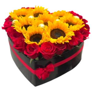Caja de Rosas Rojas y Girasoles