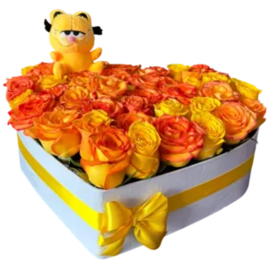 Caja de Rosas en Tonos Naranja con Peluche