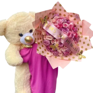 Oso de Peluche con Bouquet de Rosas Rosadas