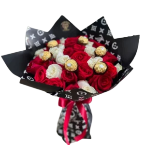 Bouquet de Rosas Rojas y Blancas con Chocolates