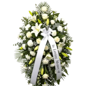 Arreglo Fúnebre de Flores Blancas con Cinta de Condolencias