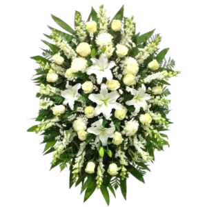 Arreglo Fúnebre Ovalado de Rosas y Flores Blancas