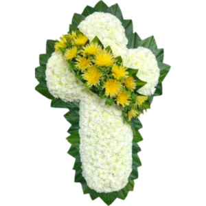 Cruz Fúnebre de Flores Blancas y Amarillas