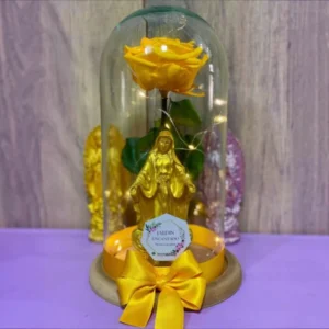 Rosa Amarilla Preservada en Domo con Figura Dorada